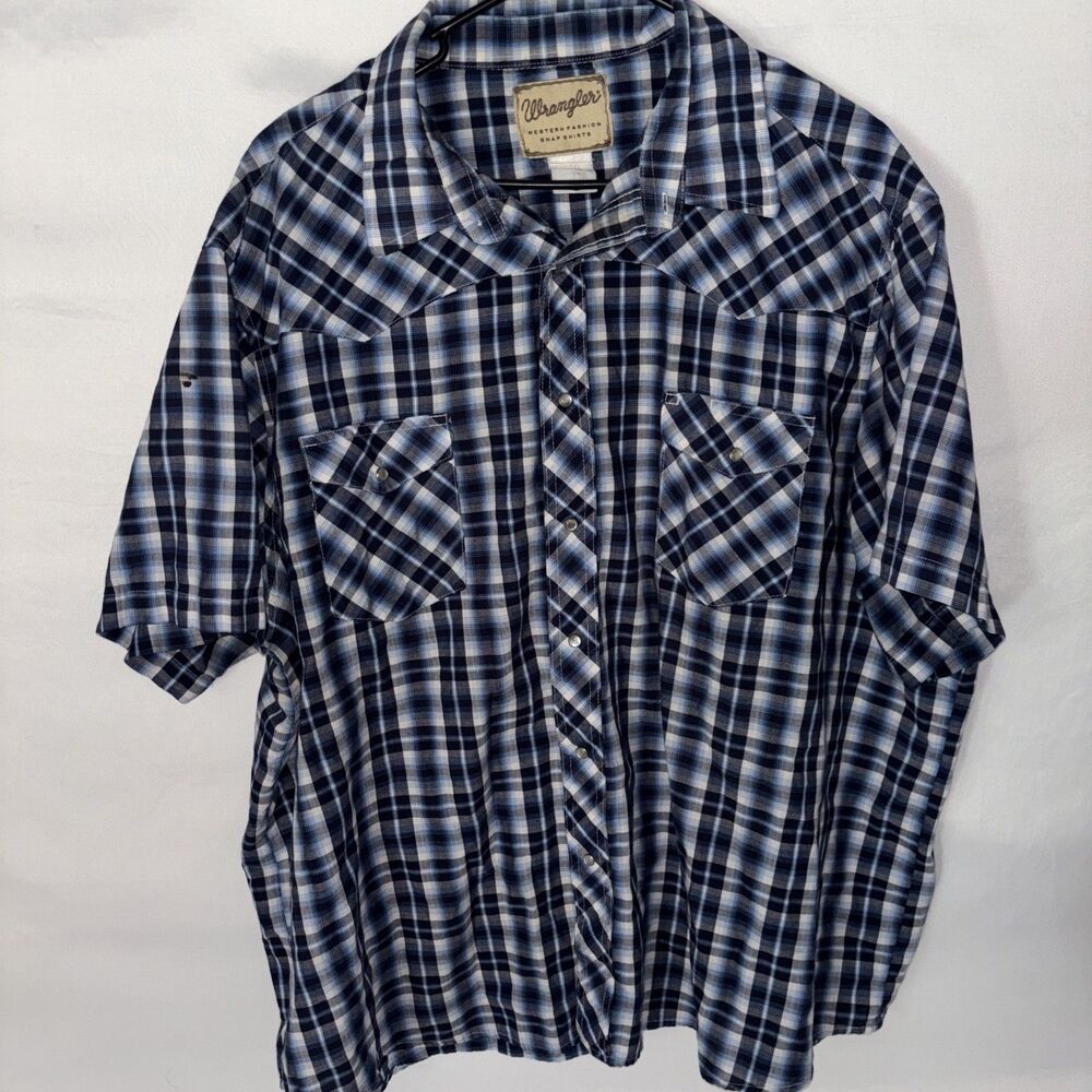 Wrangler Western Shirt Men's Pearl Snap Blue Graph Plaid Cowboy